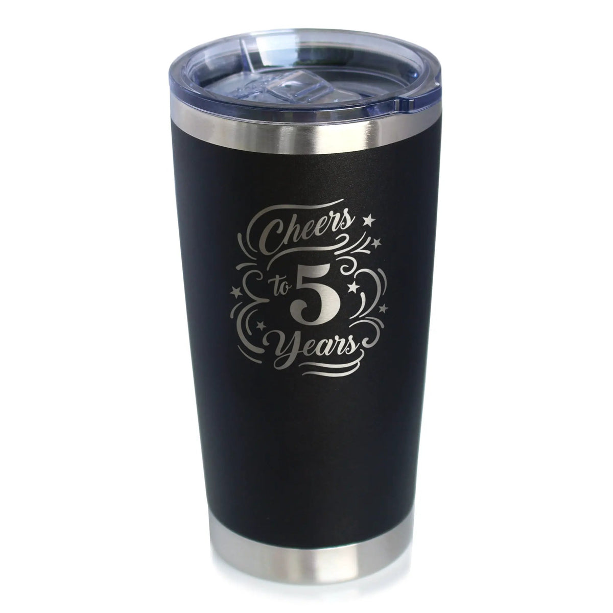 Cheers to 5 Years Coffee Tumbler | 20 Oz Double Wall Stainless Steel | Sliding Lid | 5th Anniversary Gifts and Party Decor