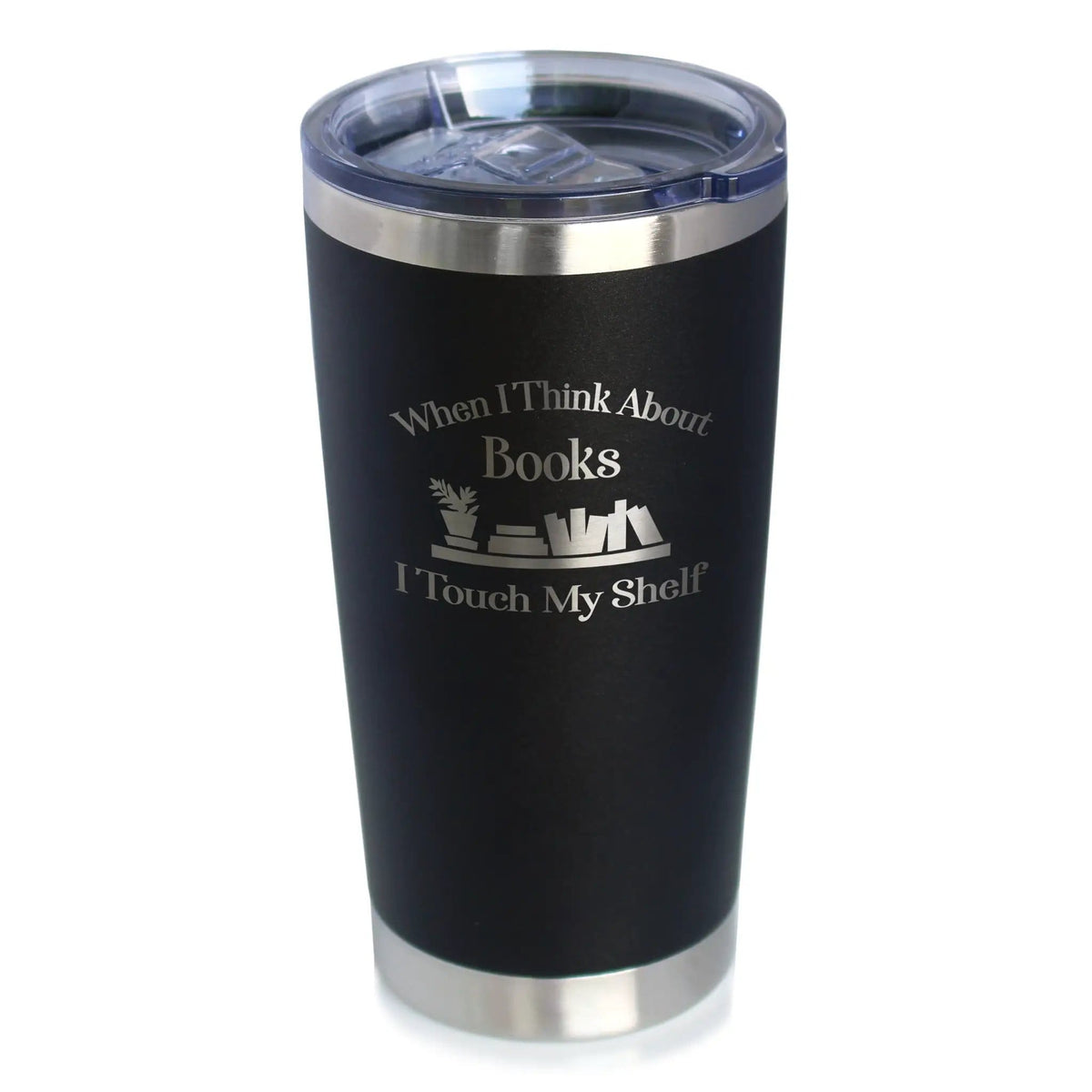 Etched Stemless Wine Glass | 17 oz | Dishwasher Safe | When I Think About Books I Touch My Shelf - Engraved
