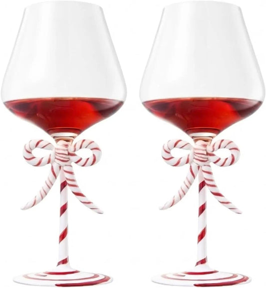 Khen Christmas Candy Cane Bow Wine Glasses - Set of 2 from PriceLows™