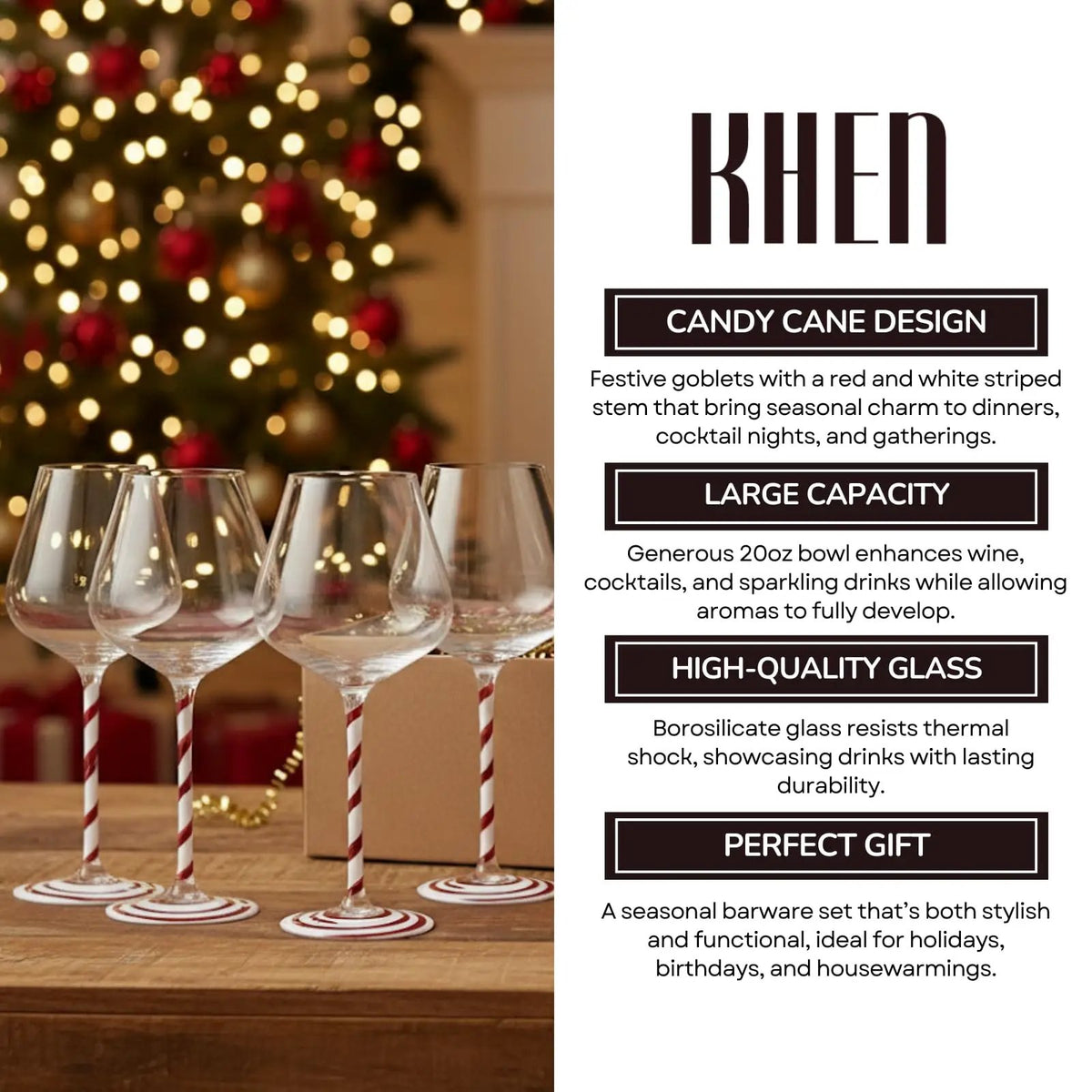 Khen Holiday Candy Cane Wine Glasses Set of 2 Santa Red White Striped from PriceLows™