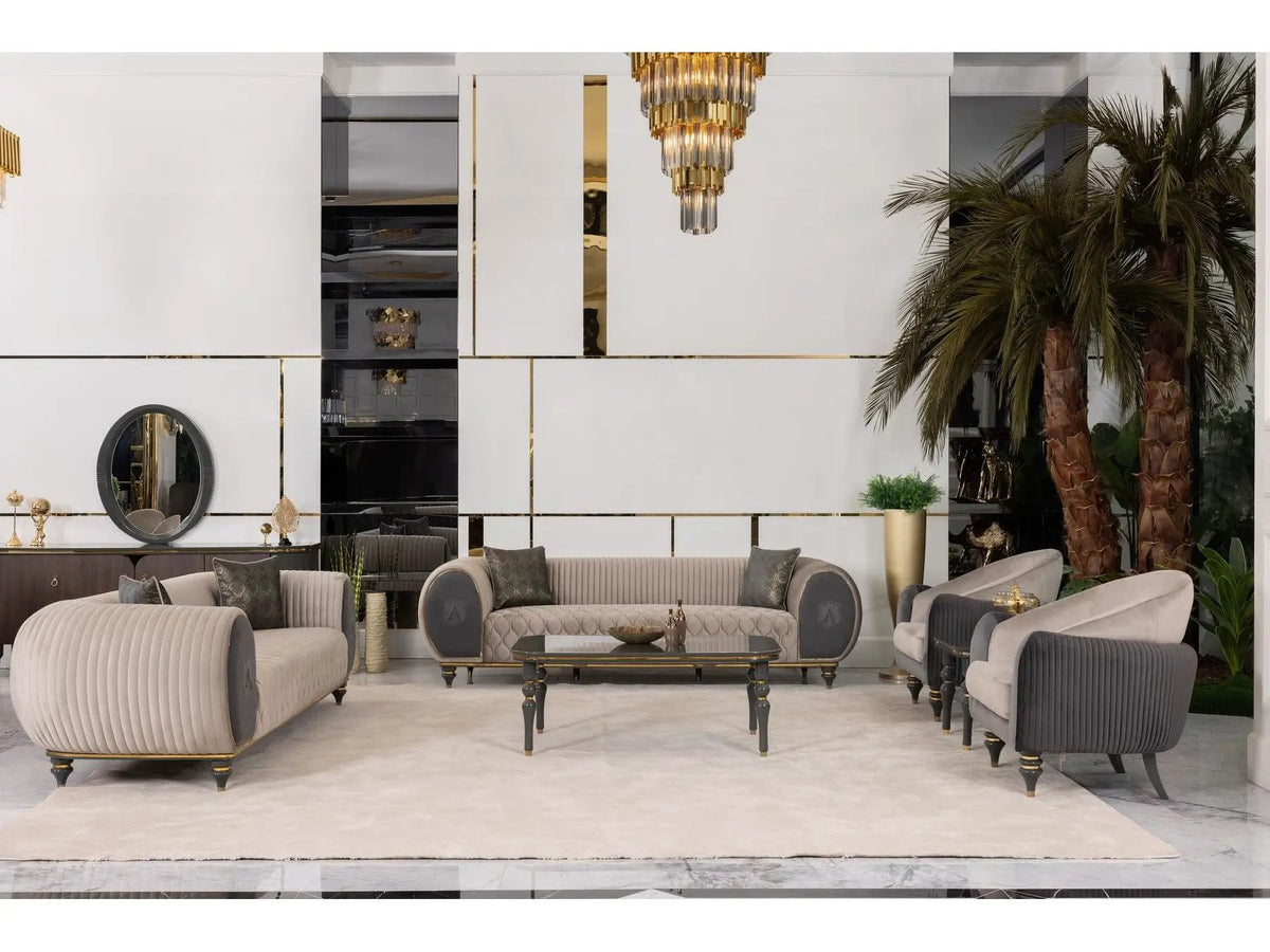 Living Room Set | Beige Gray Fabric | Gold Metal Accents | 4 Piece