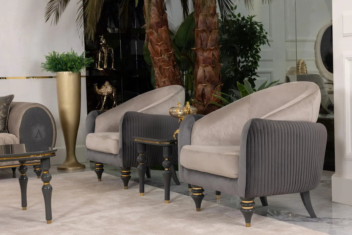Living Room Set | Beige Gray Fabric | Gold Metal Accents | 4 Piece