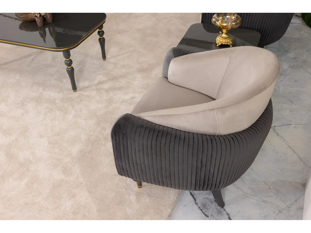 Living Room Set | Beige Gray Fabric | Gold Metal Accents | 4 Piece