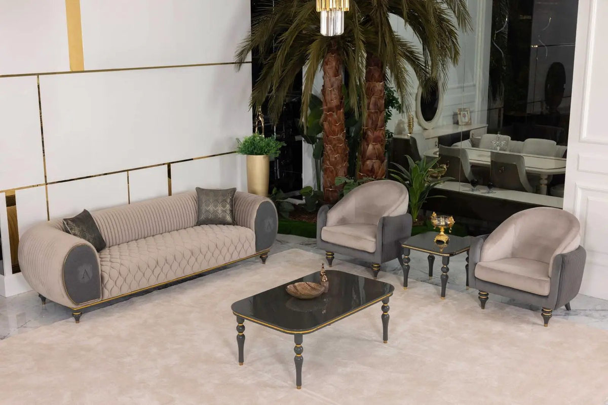 Living Room Set | Beige Gray Fabric | Gold Metal Accents | 4 Piece