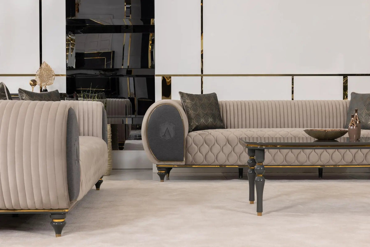 Living Room Set | Beige Gray Fabric | Gold Metal Accents | 4 Piece