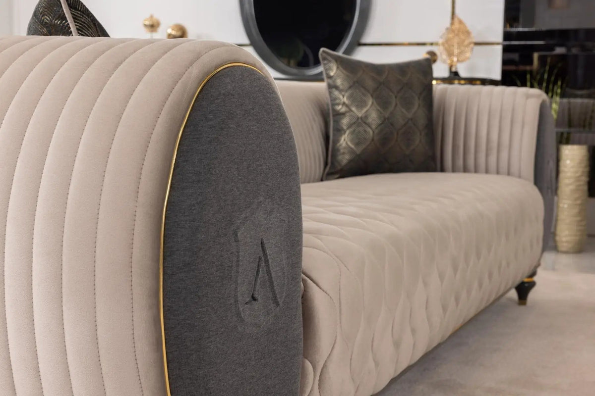 Living Room Set | Beige Gray Fabric | Gold Metal Accents | 4 Piece