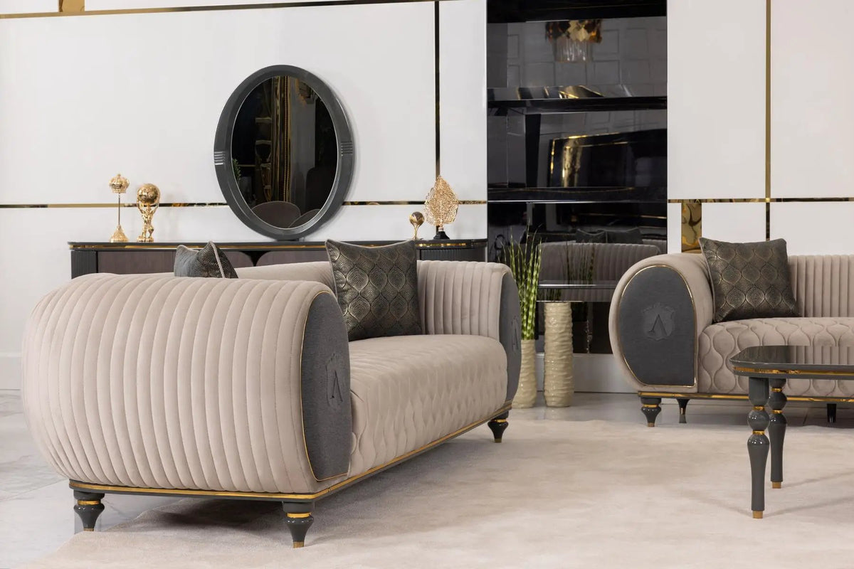 Living Room Set | Beige Gray Fabric | Gold Metal Accents | 4 Piece