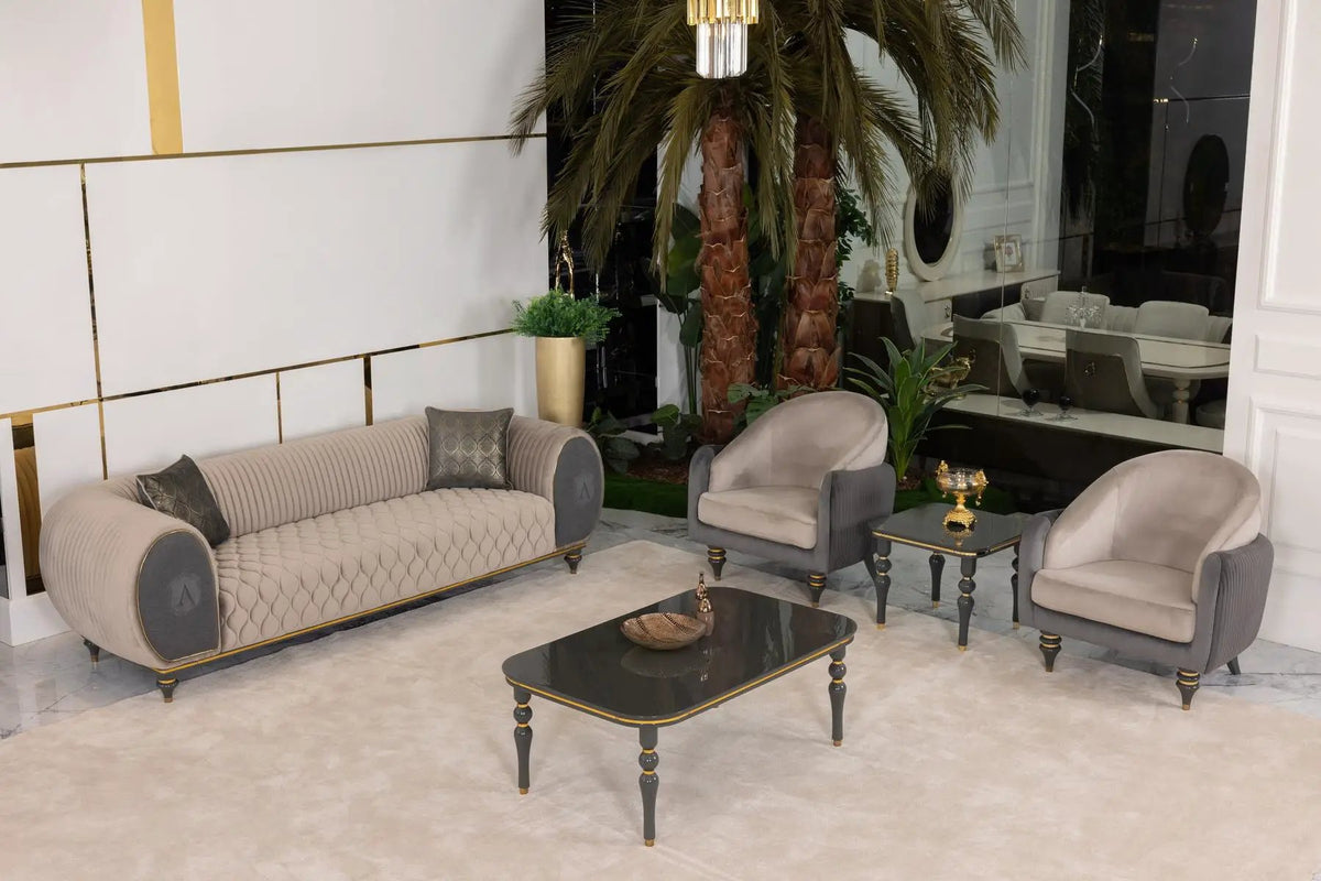 Living Room Set | Beige Gray Fabric | Gold Metal Accents | 4 Piece