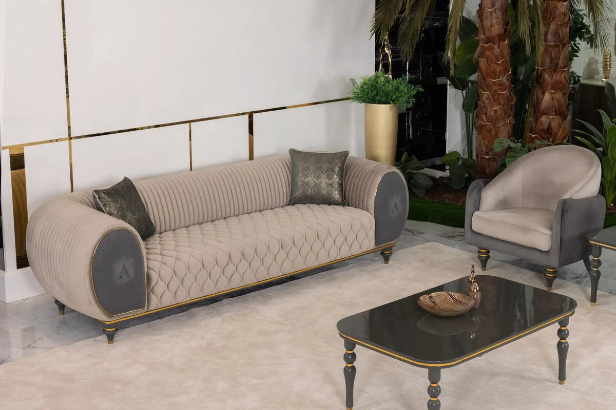 Living Room Set | Beige Gray Fabric | Gold Metal Accents | 4 Piece