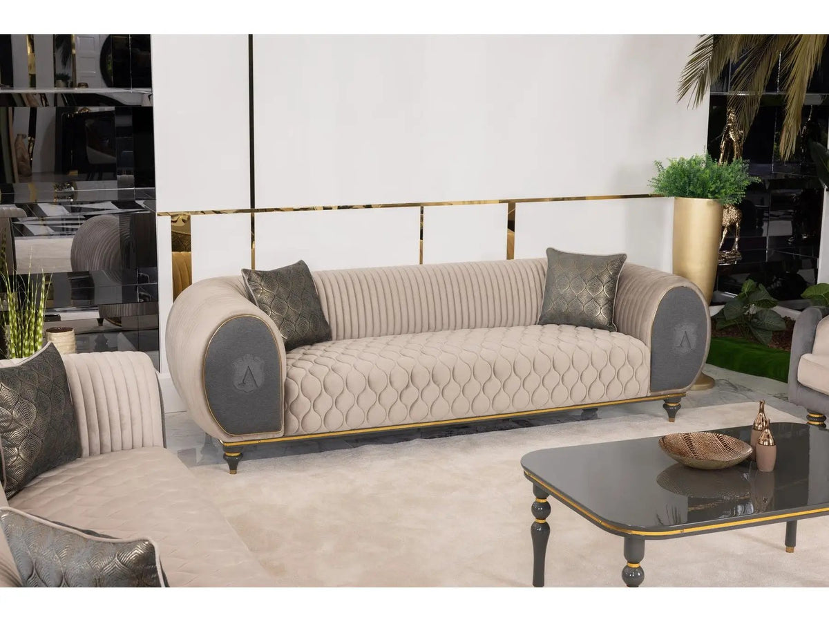 Living Room Set | Beige Gray Fabric | Gold Metal Accents | 4 Piece