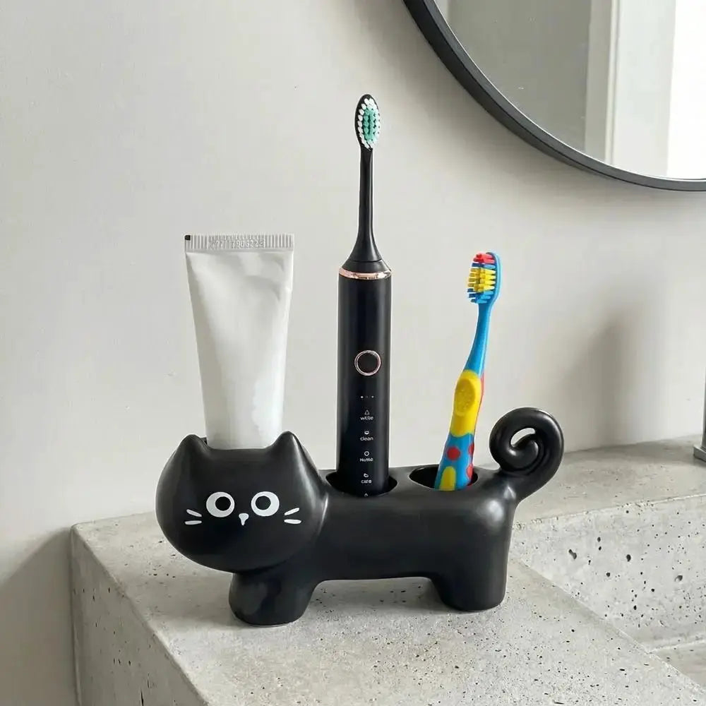 Ceramic Cat Toothbrush Holder | 3-Hole Stand | PriceLows™