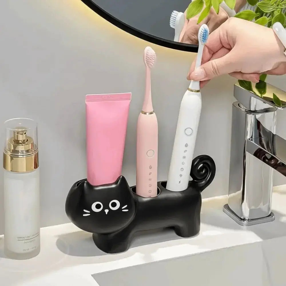 Ceramic Cat Toothbrush Holder | 3-Hole Stand | PriceLows™