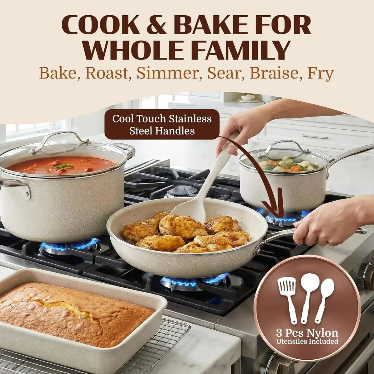 20 Pc Ceramic Nonstick Cookware Set, Complete Pots and Pans with Bakeware, Utensils & Steamer, Oven & Dishwasher Safe, PFOA PFOS Free from PriceLows™