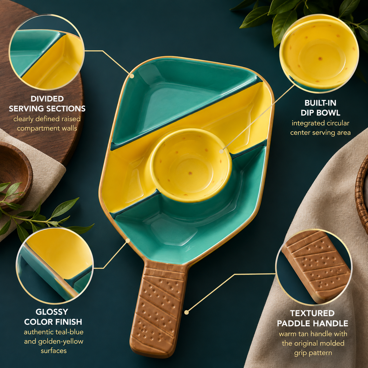 Ceramic Pickleball Paddle Serving Tray Durable Tableware