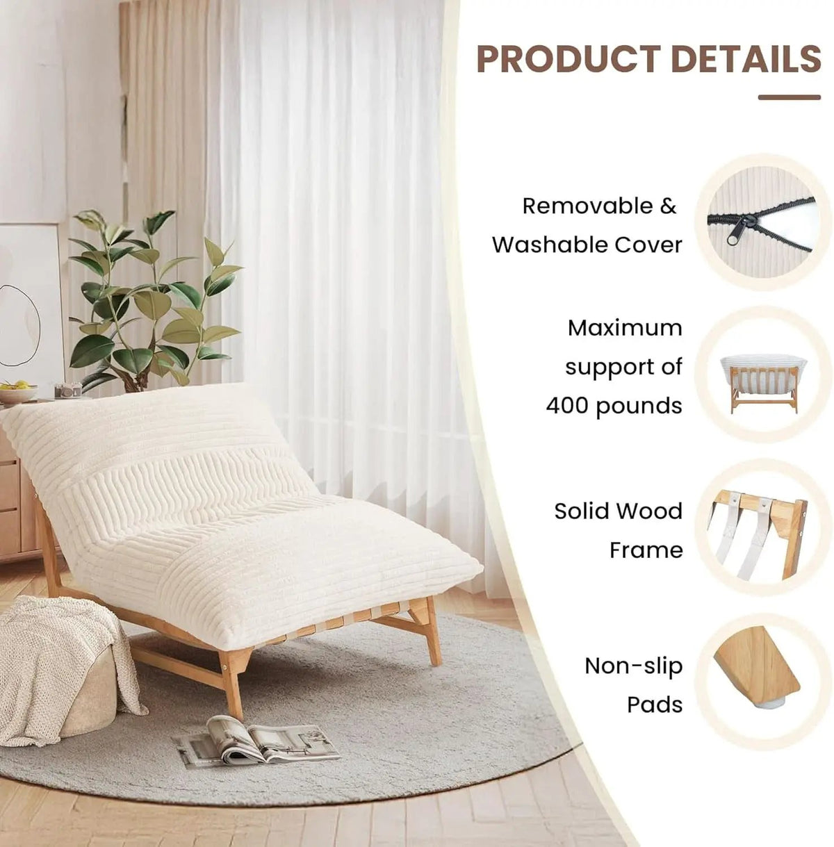 Modern 47.24 Inch Beige Oversized Chaise Lounge Chair from PriceLows™