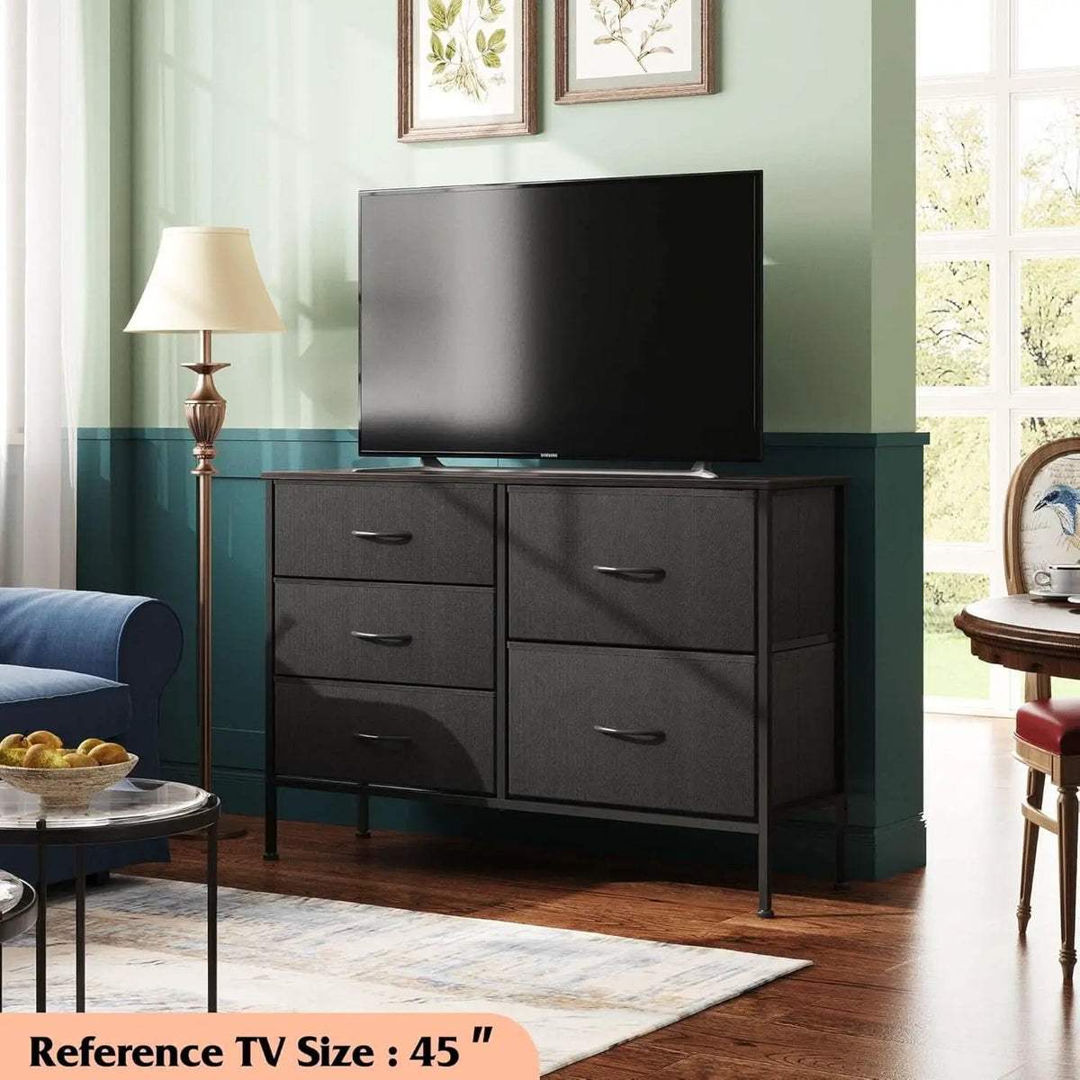 Charcoal Black Fabric Dresser With 5 Drawers For Bedroom Storage from PriceLows™