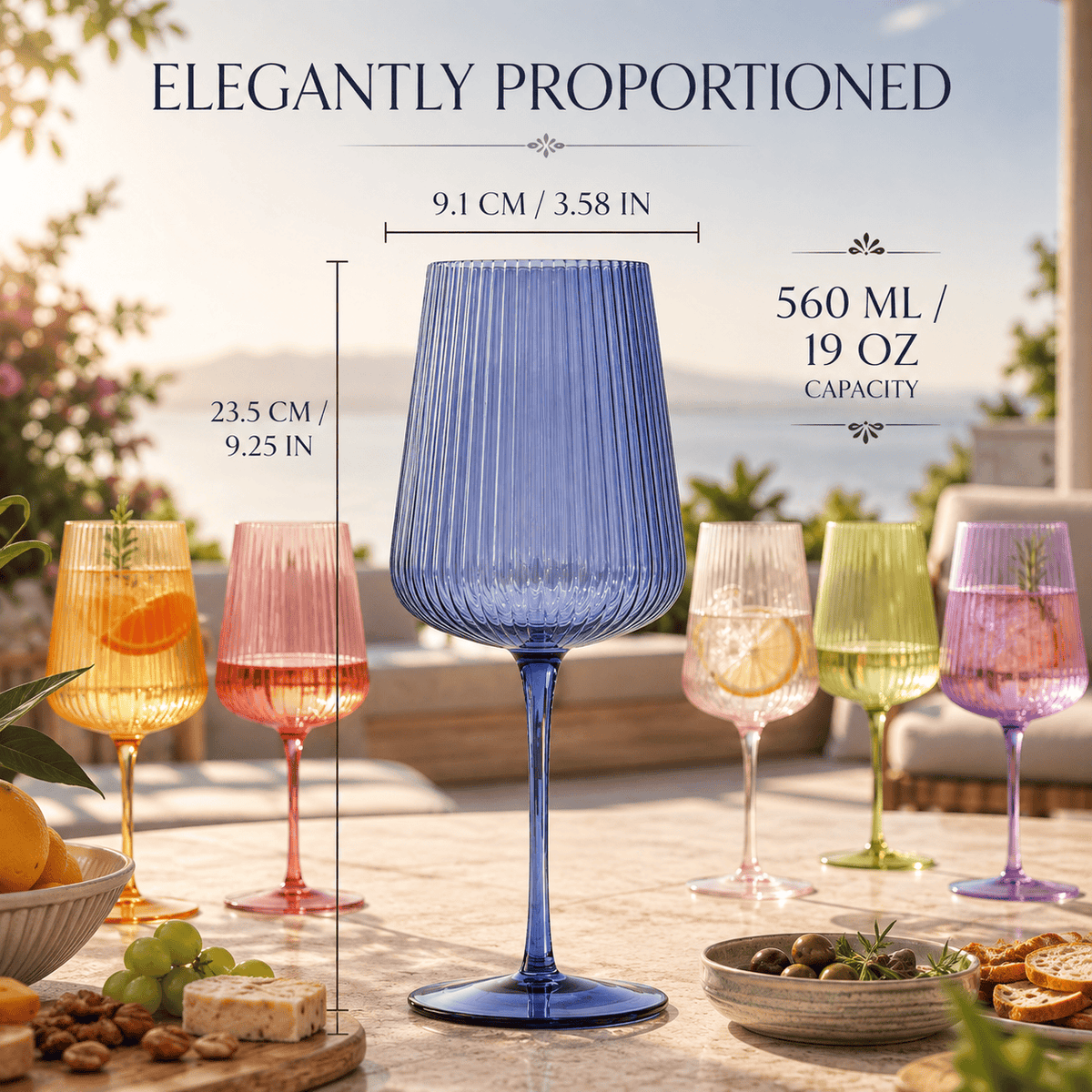 Rhea Ribbed Stemmed Wine Glassware | 19 oz | Set of 6 | Entertaining