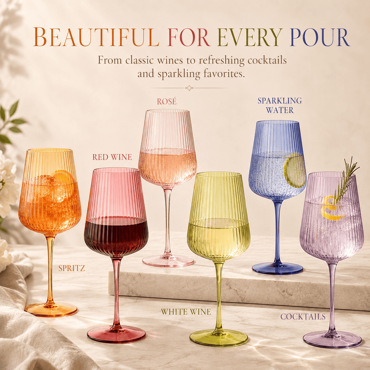 Rhea Ribbed Stemmed Wine Glassware | 19 oz | Set of 6 | Entertaining
