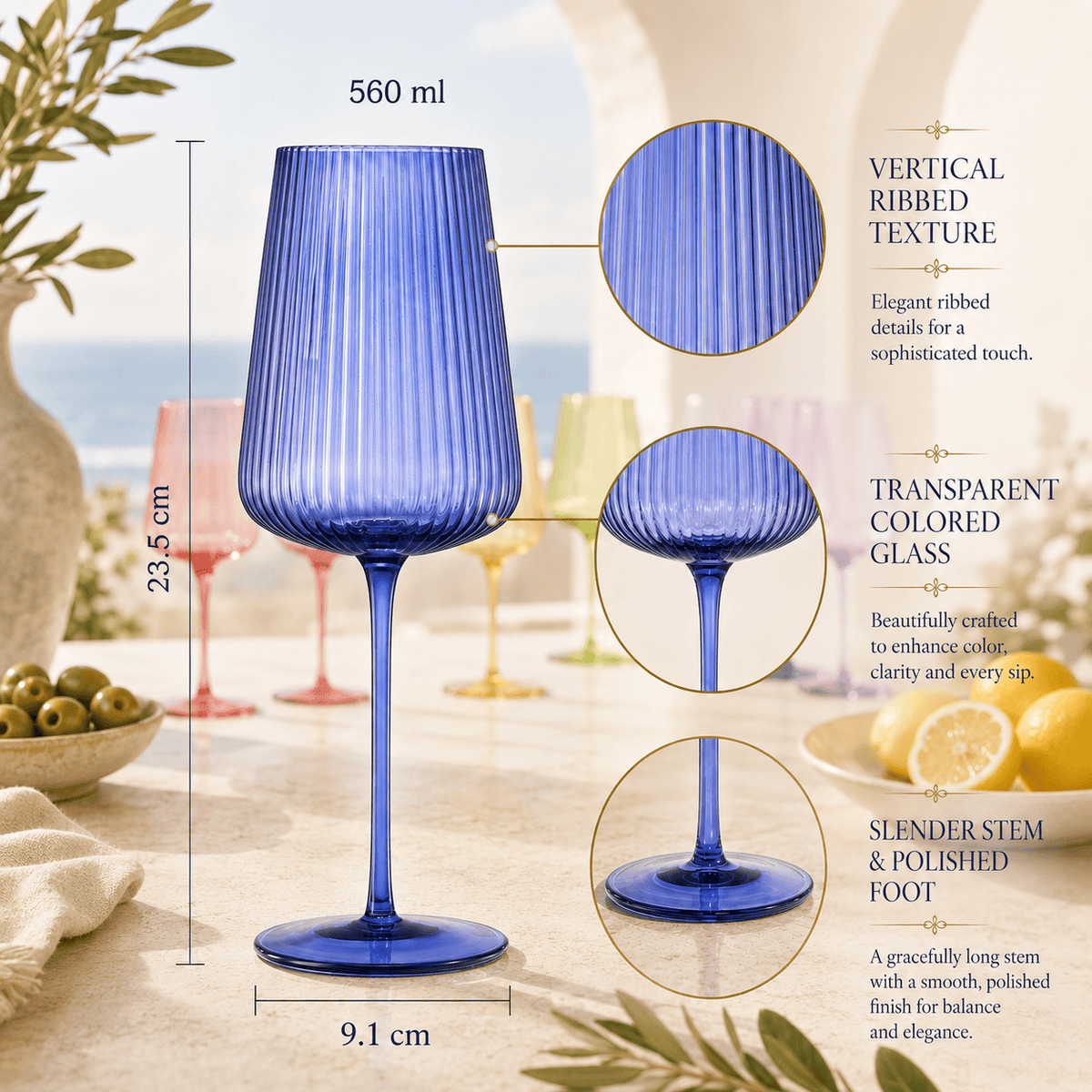 Rhea Ribbed Stemmed Wine Glassware | 19 oz | Set of 6 | Entertaining