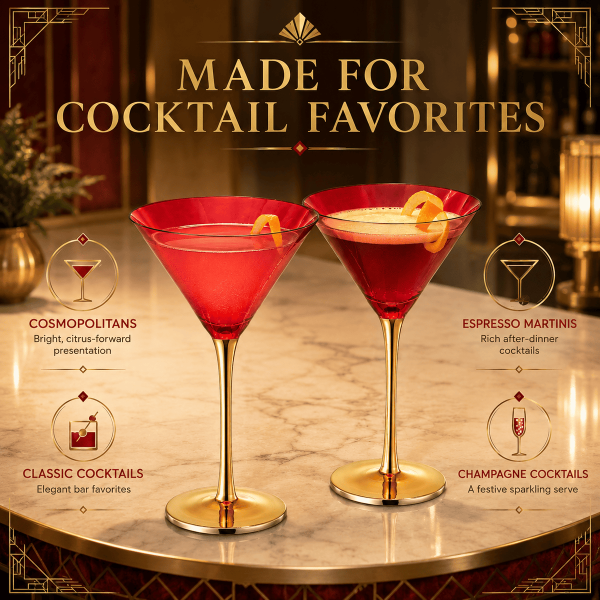 Deco Martini Cocktail Glassware | 8 oz | Set of 2 | Entertaining