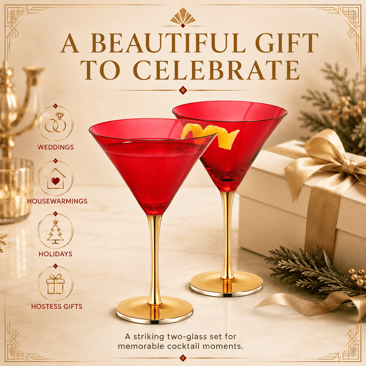 Deco Martini Cocktail Glassware | 8 oz | Set of 2 | Entertaining