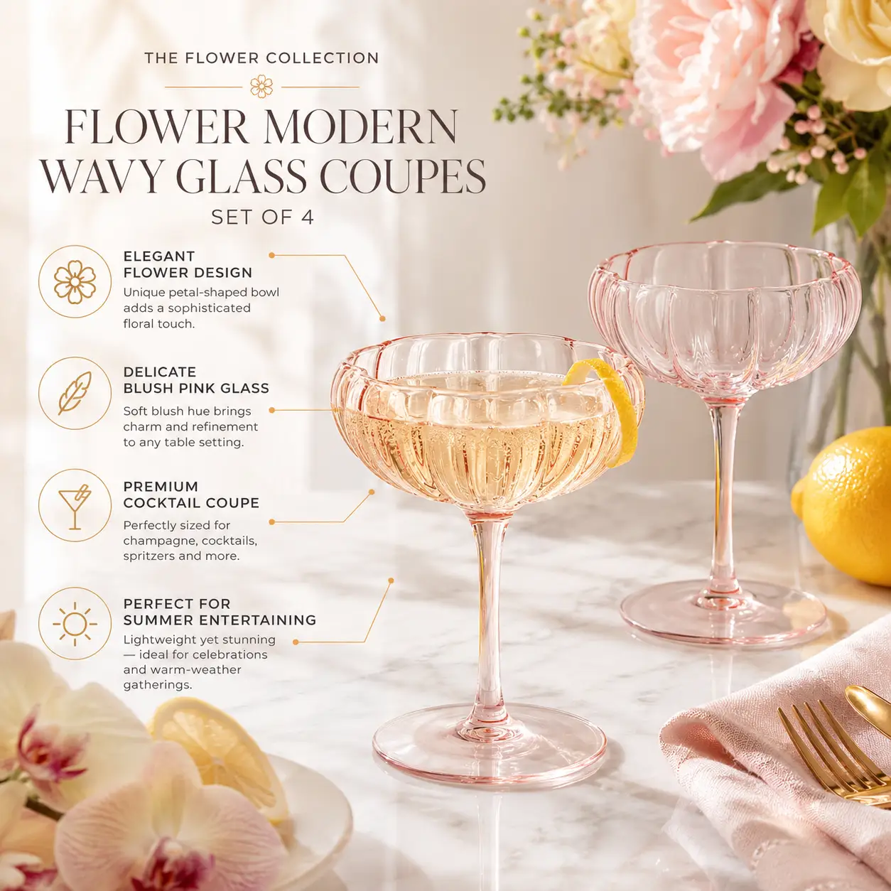 Flower Wave Champagne Coupe Cocktail Glassware, Set of 4