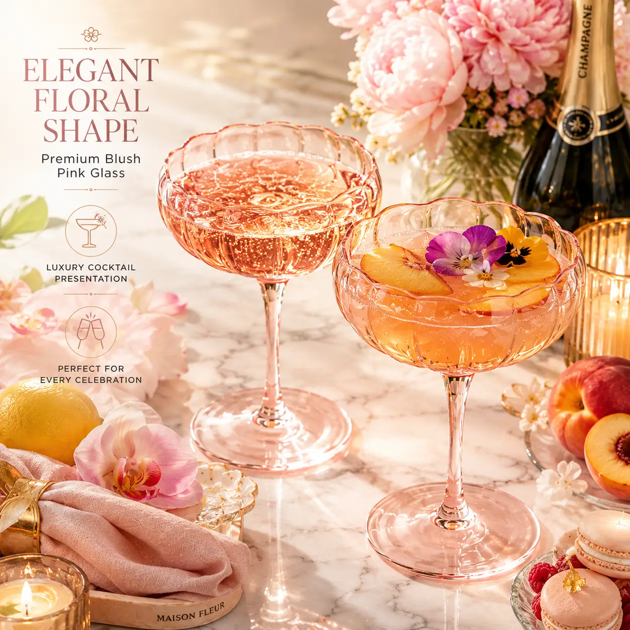 Flower Wave Champagne Coupe Cocktail Glassware, Set of 4