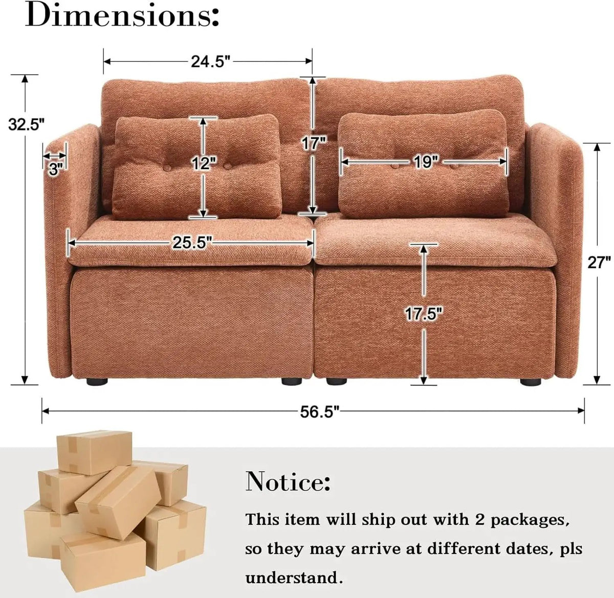 56 Inches Wide Chenille Sectional Loveseat Espresso from PriceLows™