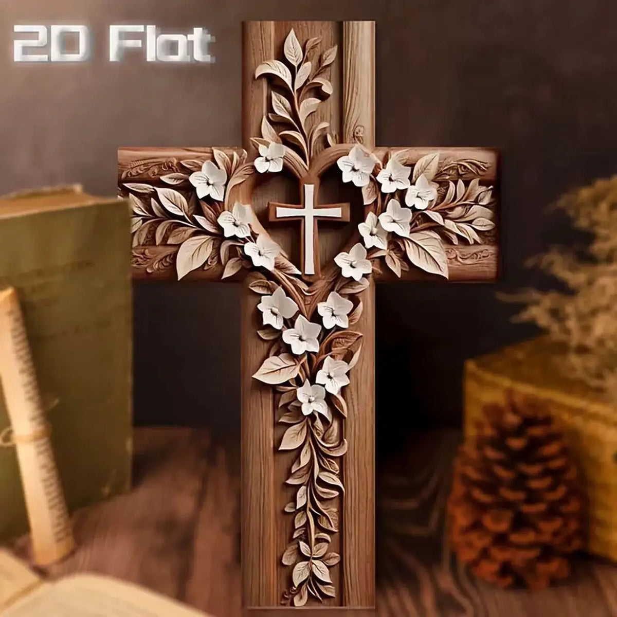 Christian Cross Wall Art | Floral Carved Wood | PriceLows™