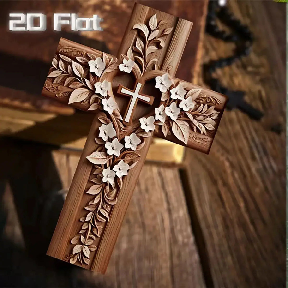 Christian Cross Wall Art | Floral Carved Wood | PriceLows™