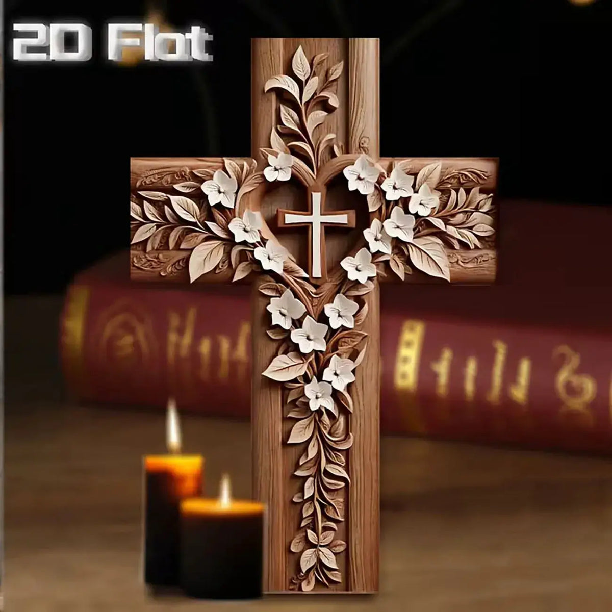 Christian Cross Wall Art | Floral Carved Wood | PriceLows™