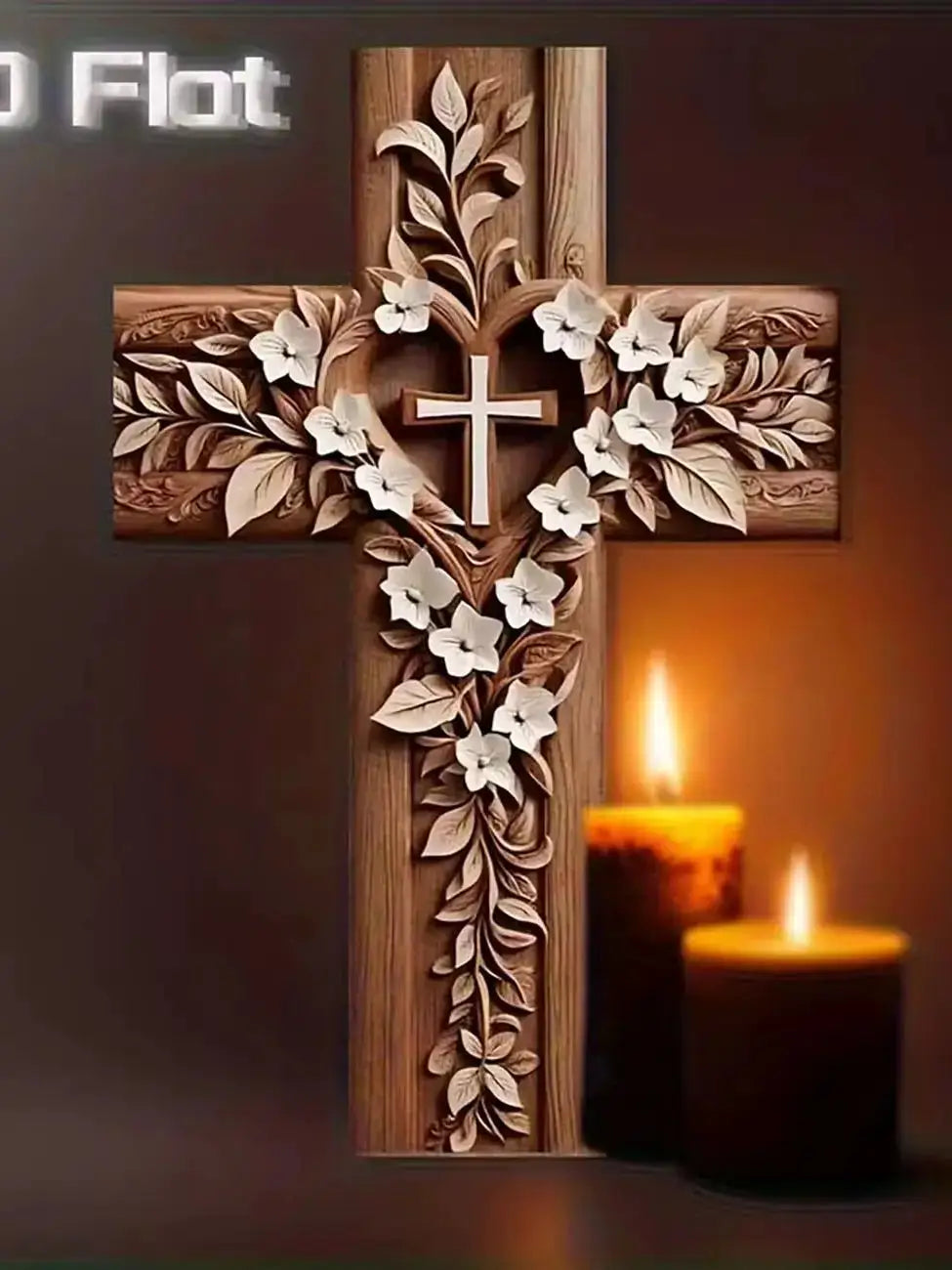 Christian Cross Wall Art | Floral Carved Wood | PriceLows™
