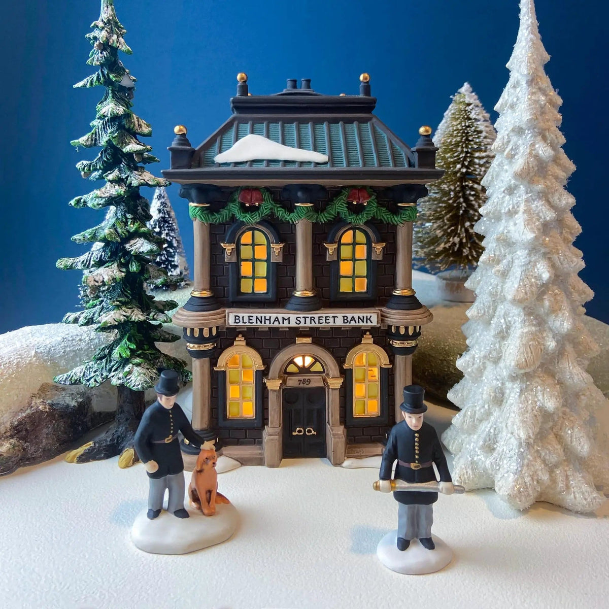 Vintage Blenham Street Bank & 2 Policeman Figurines by Department 56 | Illuminated Christmas Village House | Dickens Village | Collectors & Hosts
