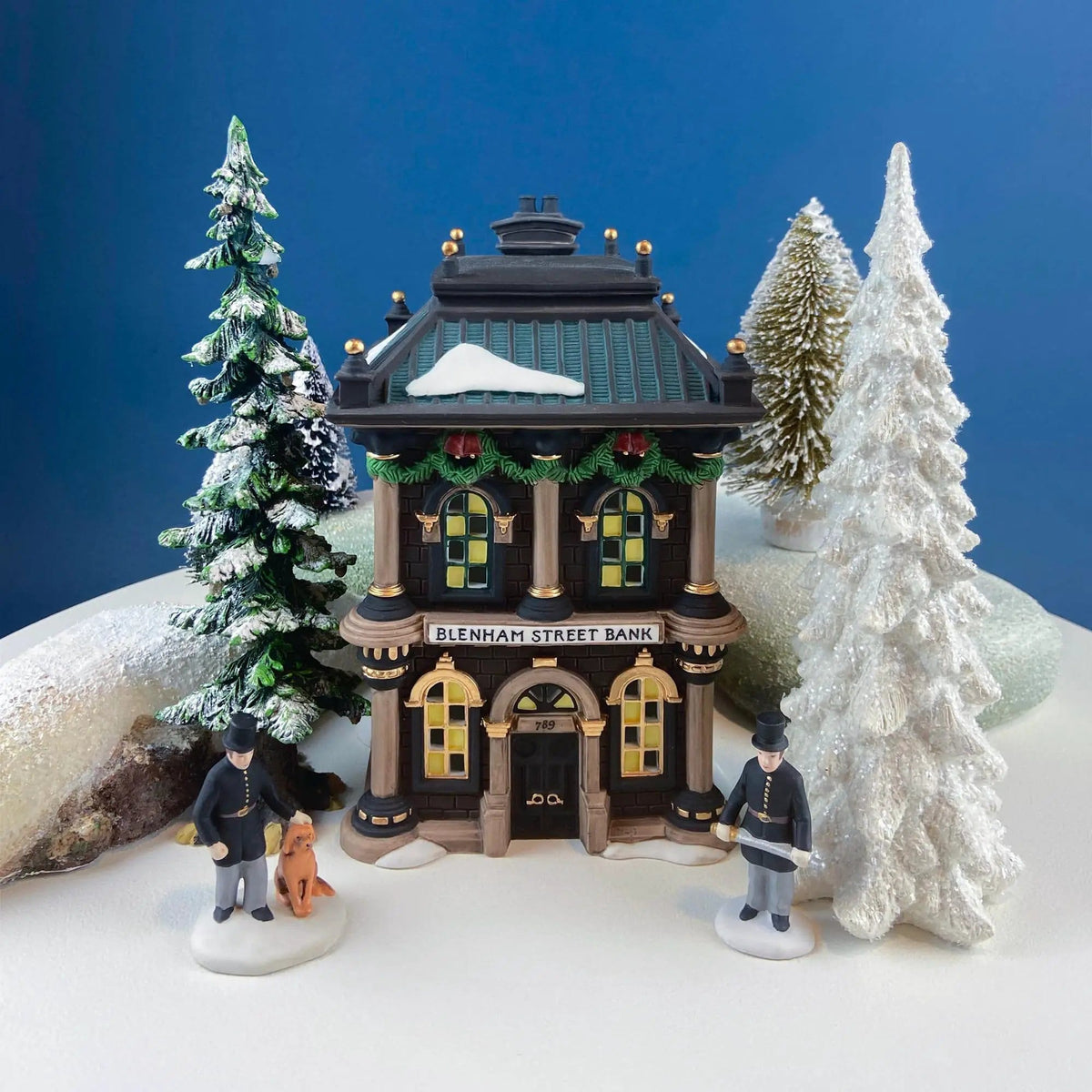 Vintage Blenham Street Bank & 2 Policeman Figurines by Department 56 | Illuminated Christmas Village House | Dickens Village | Collectors & Hosts