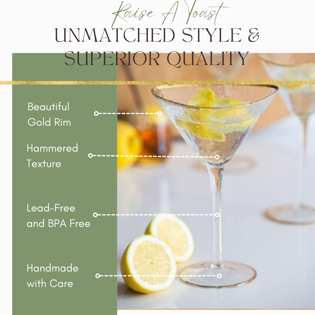 Hammered Martini Glasses | Gold Rim Detail | Triangular Shape | Standard Size