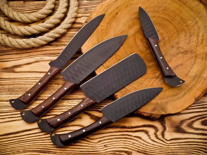 5 Pcs Kitchen Knife Sets – Forged Stainless Steel with Rosewood Handles & Leather Sheath from PriceLows™