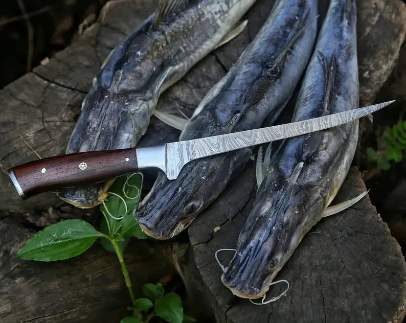 Custom Handmade 13 Inch Damascus Steel Fillet Knife with Rosewood Handle and Steel | 13 Inch | Damascus Steel | damascus fillet Knife