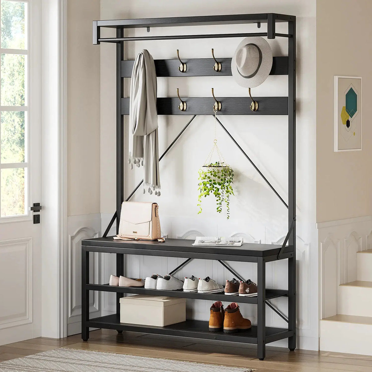 72Inch Tall Coat Rack 5-in-1 Shoe Rack Shoe Bench with Storage shelves 8 Hooks Industrial Accent Furniture Hallway Organizer from PriceLows™