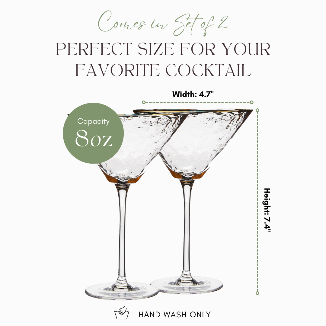 Hammered Martini Glasses | Gold Rim Detail | Triangular Shape | Standard Size