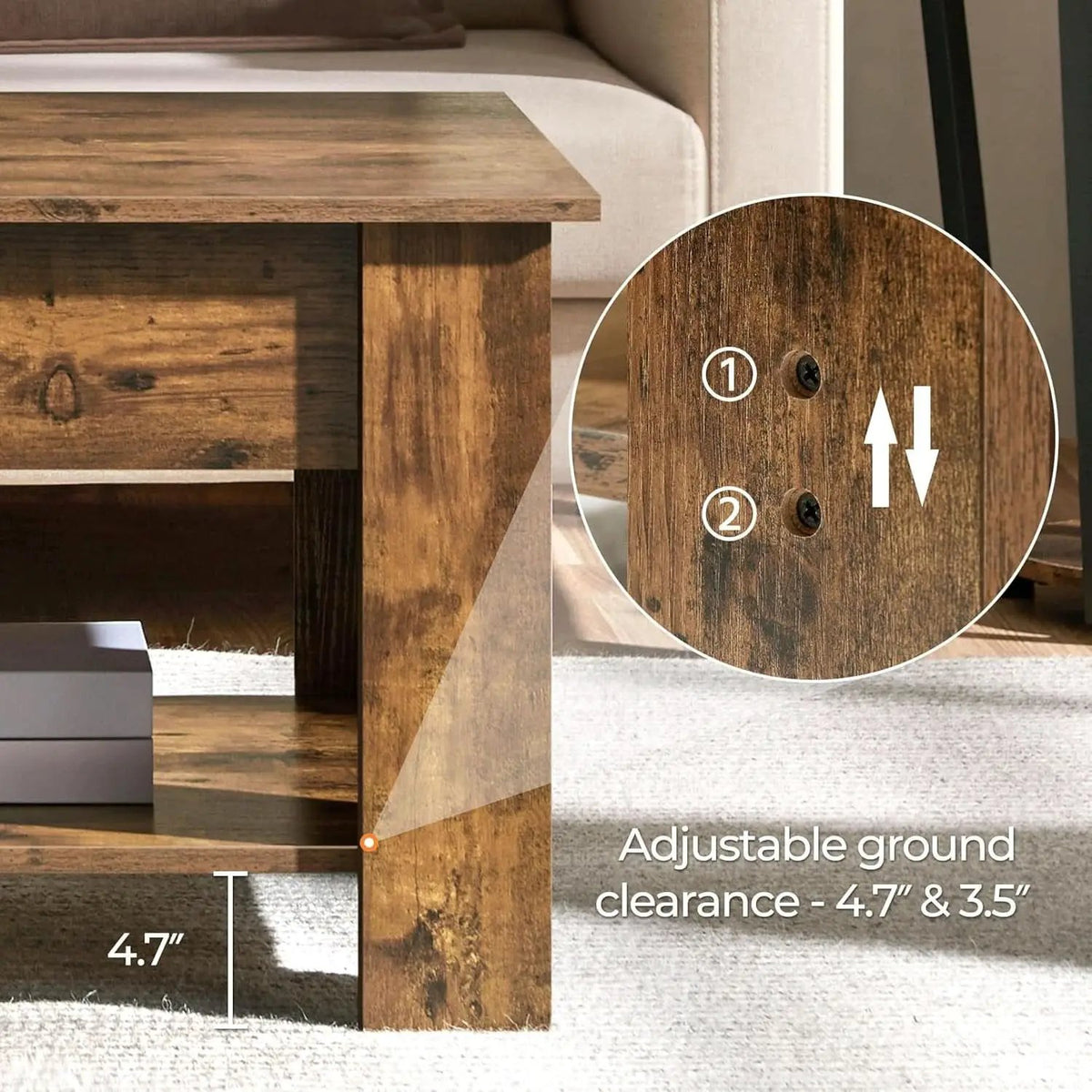 Coffee Table 47.5 Inch Lift Top With Hidden Compartment Rustic Brown from PriceLows™