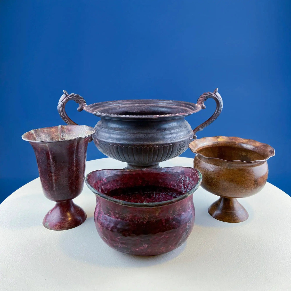 Collection of Rustic Metal Urns Jardinieres | Flower Arrangements or Herb Garden | Set of 4 Planters | Collectors & Hosts