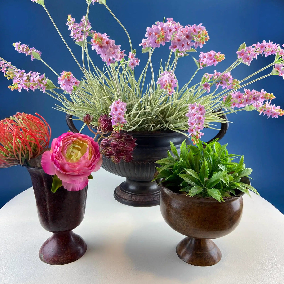 Collection of Rustic Metal Urns Jardinieres | Flower Arrangements or Herb Garden | Set of 4 Planters | Collectors & Hosts