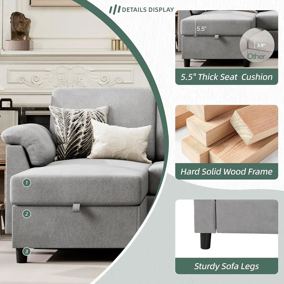 Comfortable L Shaped Convertible Sectional Sofa with Pillows from PriceLows™