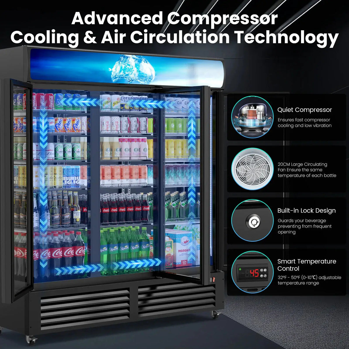 56 Cu Ft Commercial Display Fridge for Beverage 3 Glass Door Upright Refrigerator Merchandiser with Front LED Light for Shop Bar from PriceLows™