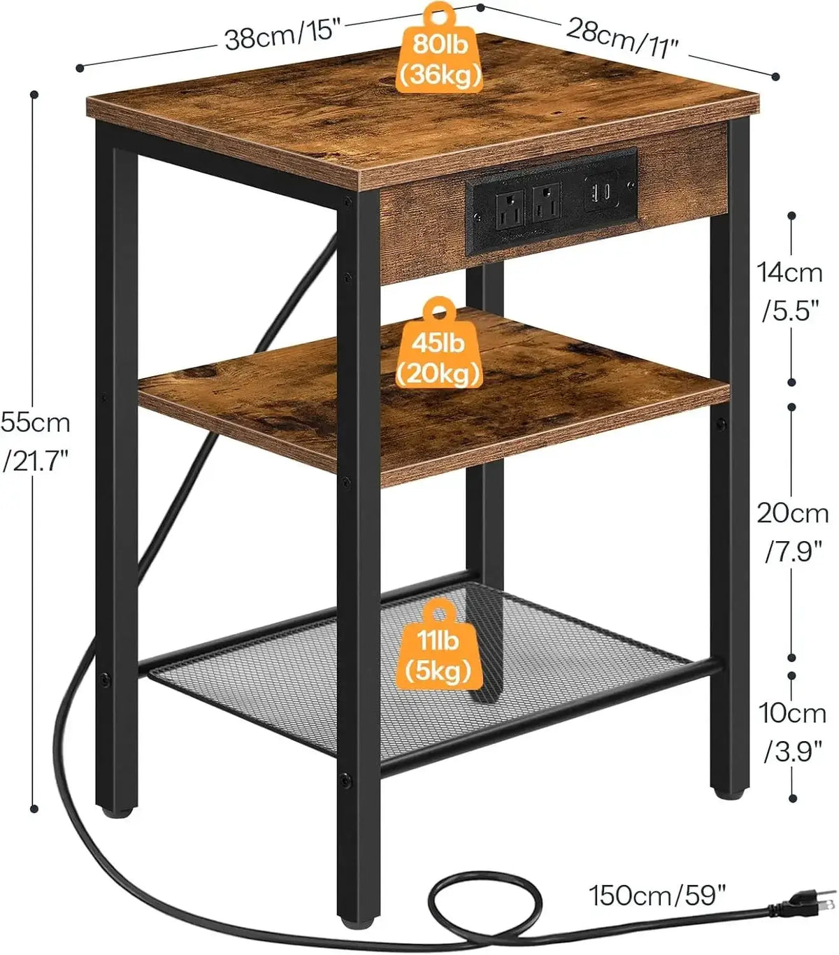 Compact Side Table With Charging Station, USB Ports & Adjustable Shelves For Living Room, Bedroom – Rustic Brown from PriceLows™