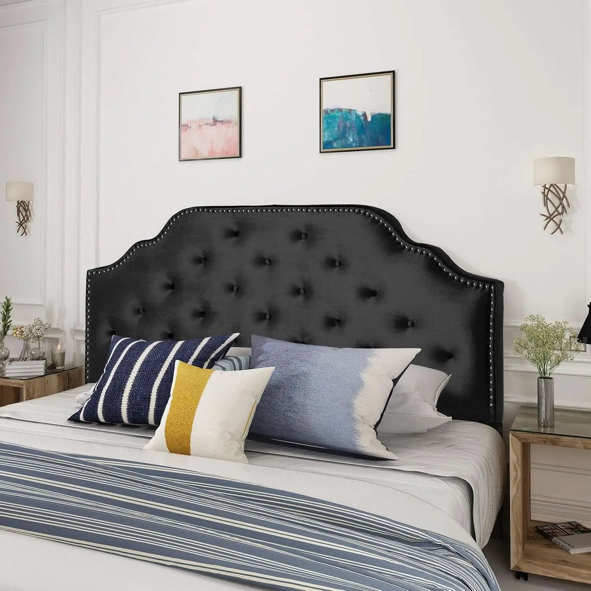 Contemporary Black Velvet Headboard with Button Tufted Design from PriceLows™