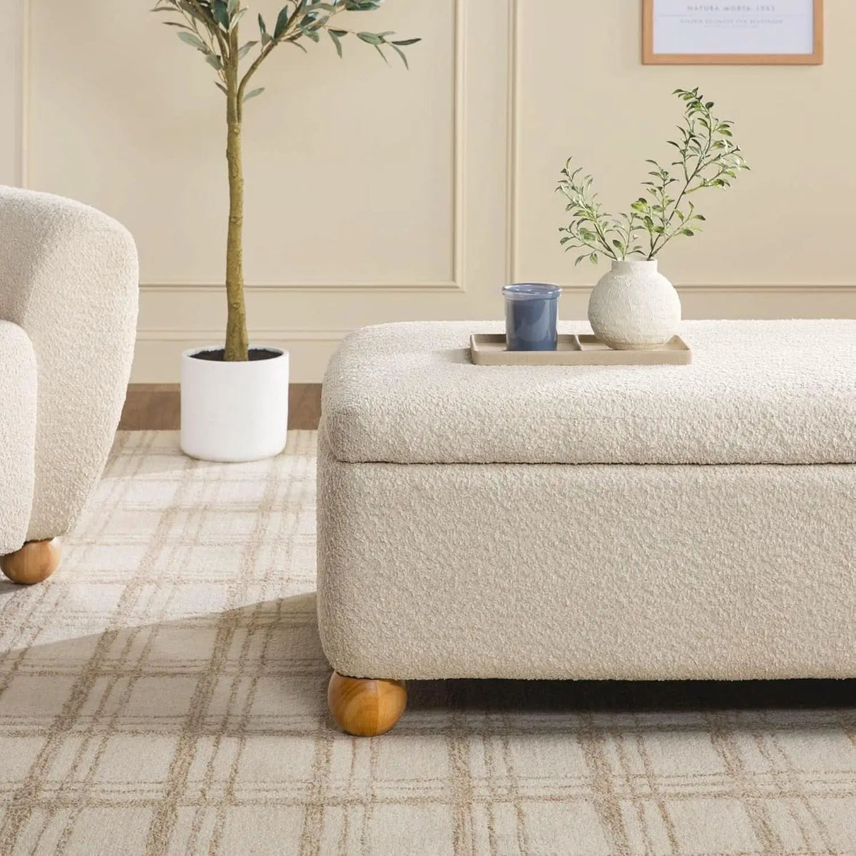 Contemporary Large Ivory Storage Ottoman With Legs from PriceLows™