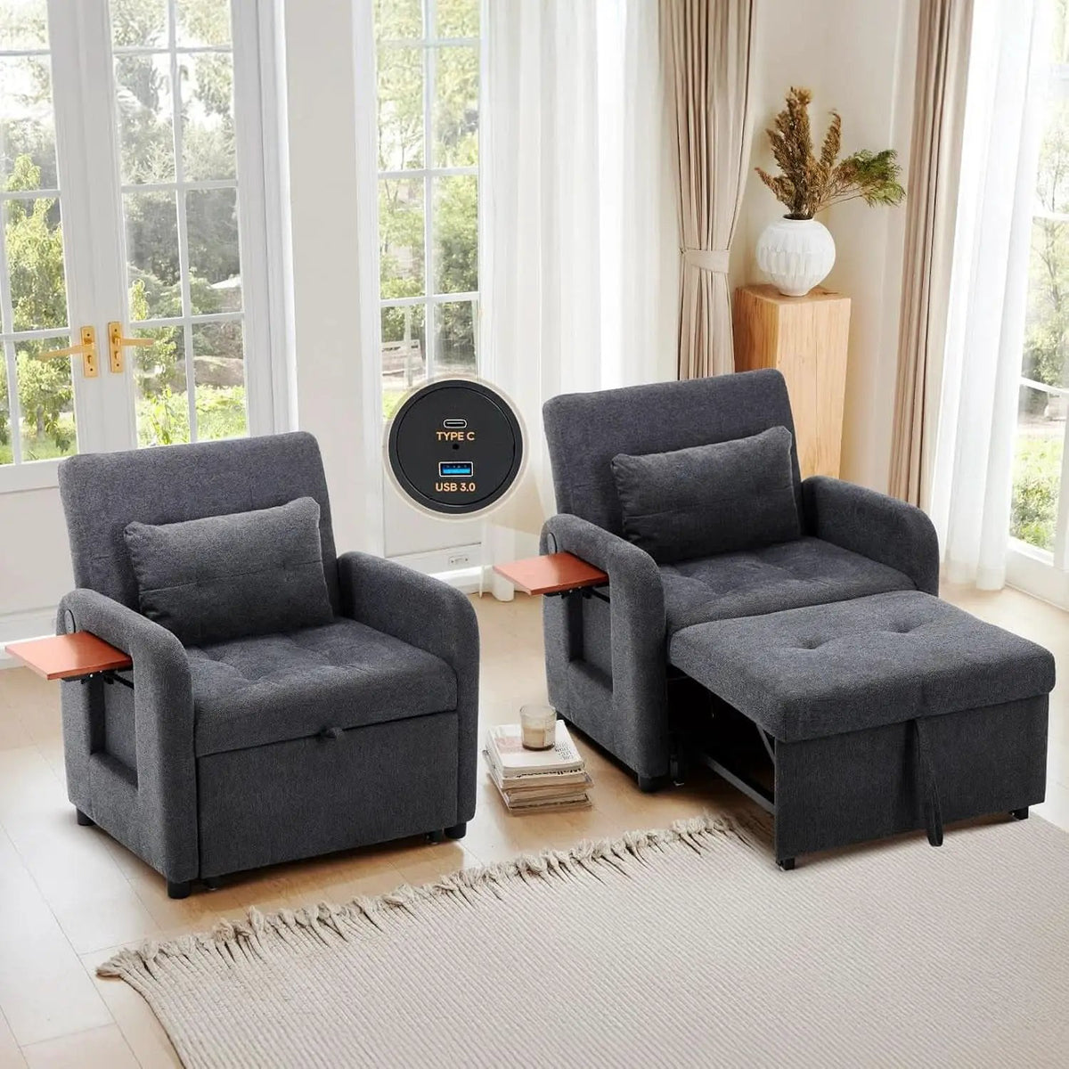 Convertible Sleeper Armchair Charcoal Gray USB Port from PriceLows™