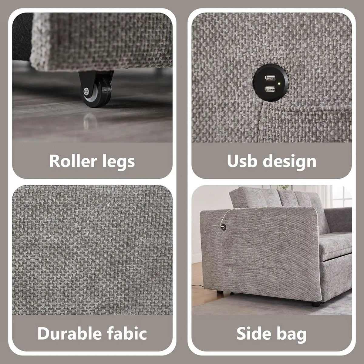 57 Inch Convertible Sofa Bed With USB Charging Ports Grey from PriceLows™