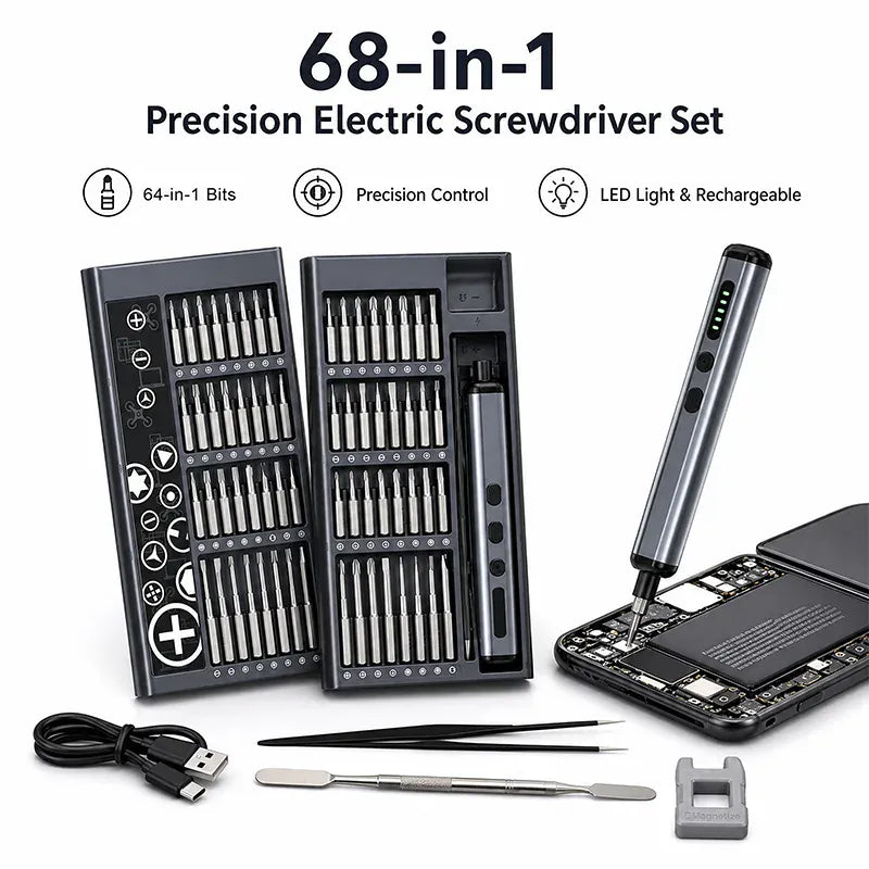 68 in 1 Precision Electric Screwdriver Set 64 Bits LED Light Rechargeable Cordless Power Screw Driver Kit For Phone Repair PC from PriceLows™